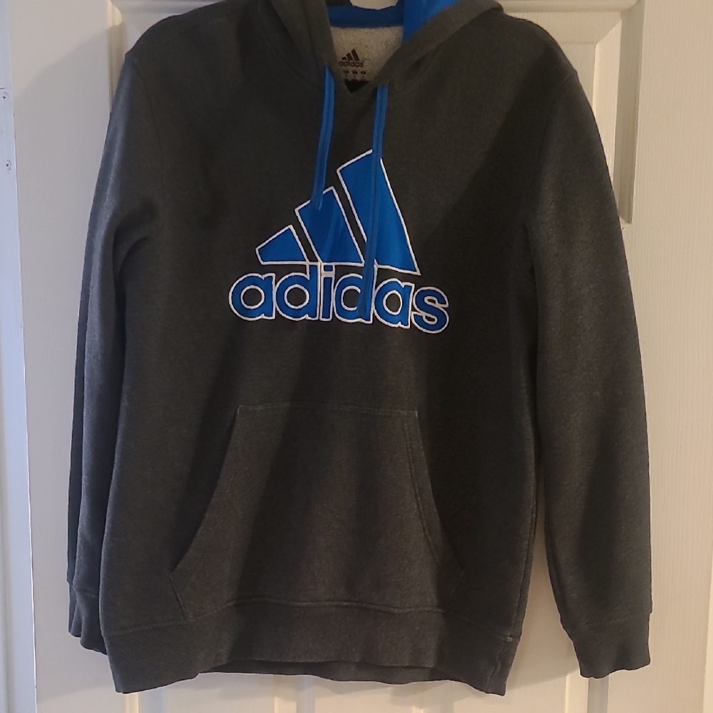 Adidas Men's Charcoal Hoodie with Vibrant Blue Logo